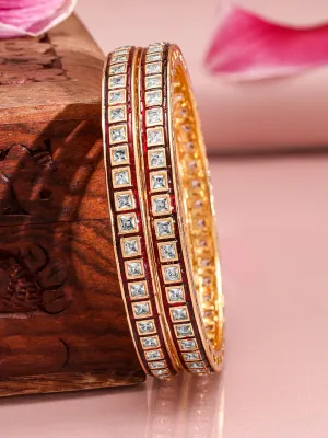 Rubans Set of 2 22K Gold-Plated Red-Border Square-Cut Cubic Zirconia Studded Bangles