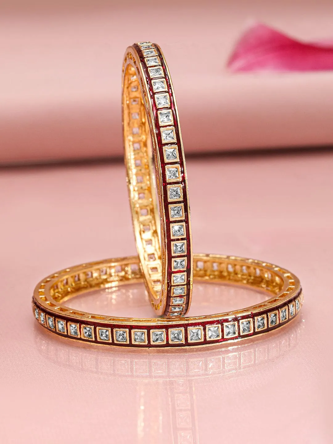 Rubans Set of 2 22K Gold-Plated Red-Border Square-Cut Cubic Zirconia Studded Bangles