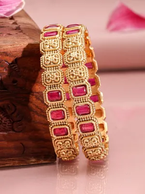 Rubans Set of 2 22K Gold-Plated Ruby Stone Studded Filigree Design Traditional Bangles