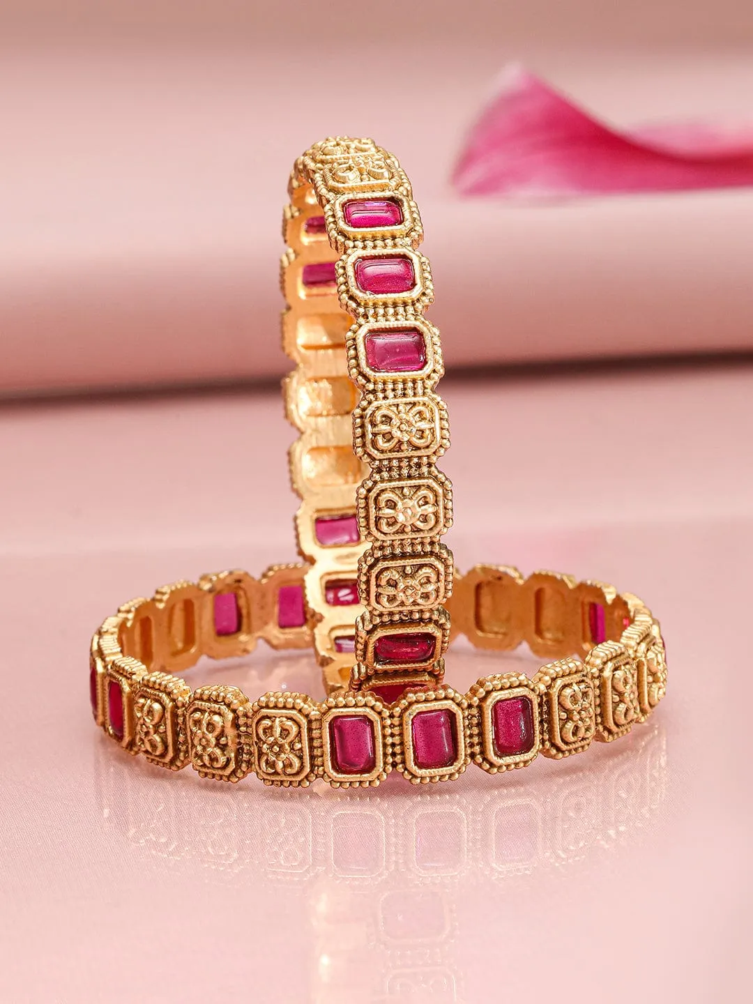 Rubans Set of 2 22K Gold-Plated Ruby Stone Studded Filigree Design Traditional Bangles