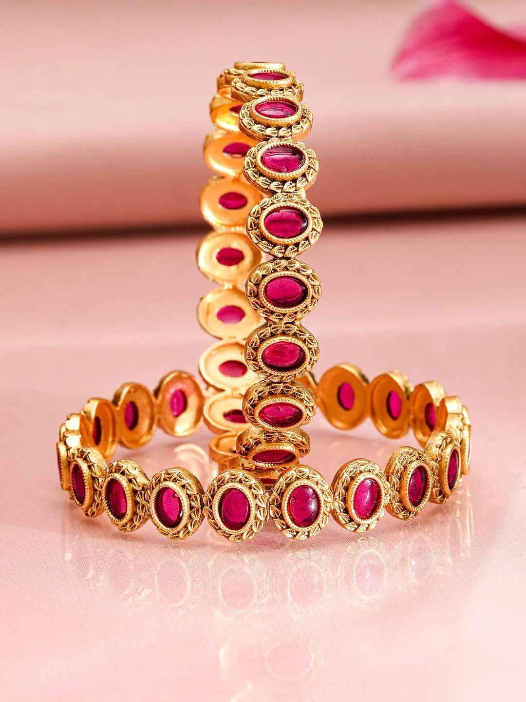 Rubans Set of 2 22K Gold-Plated Ruby Stone Studded Traditional Bangles