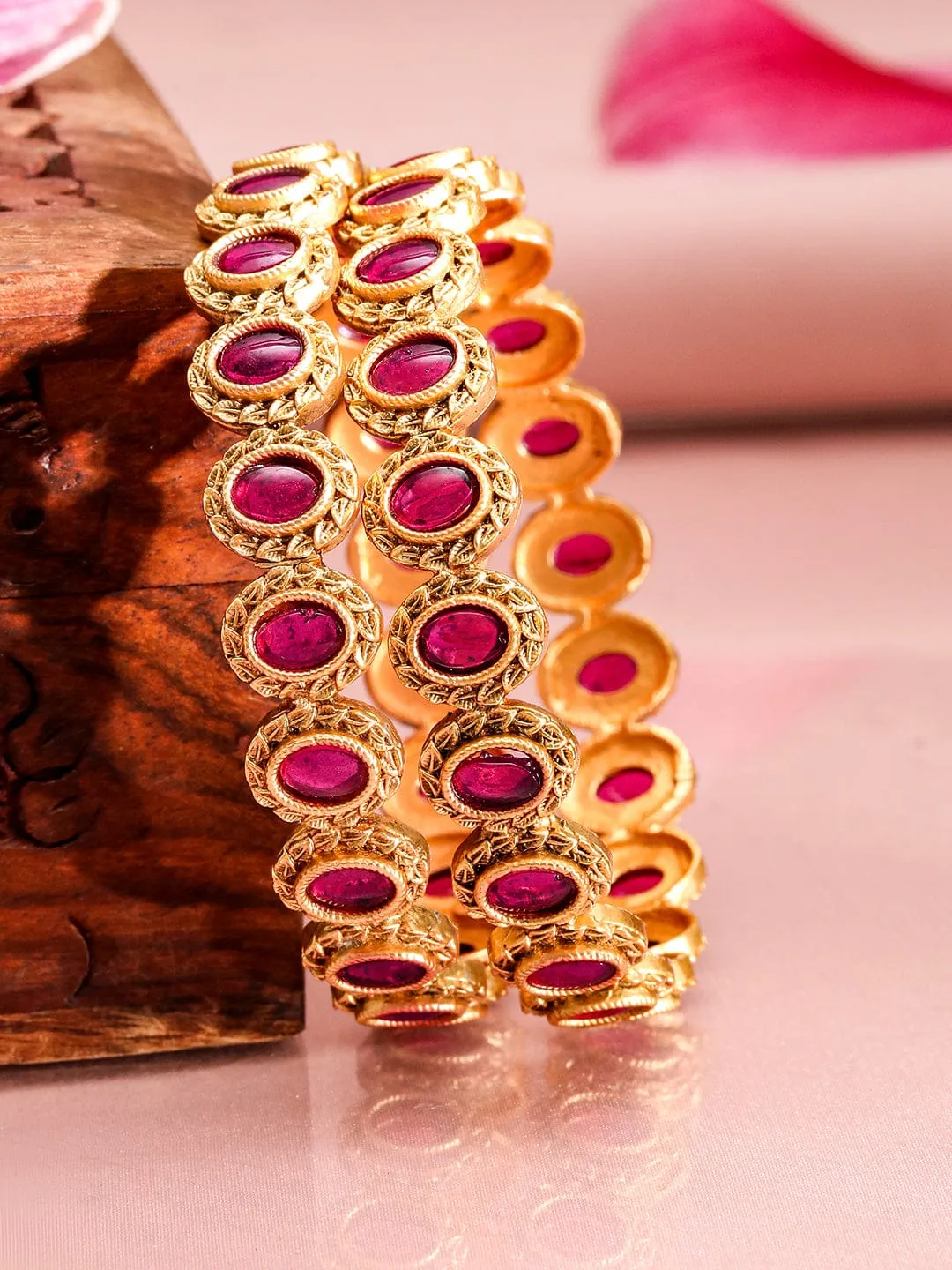 Rubans Set of 2 22K Gold-Plated Ruby Stone Studded Traditional Bangles