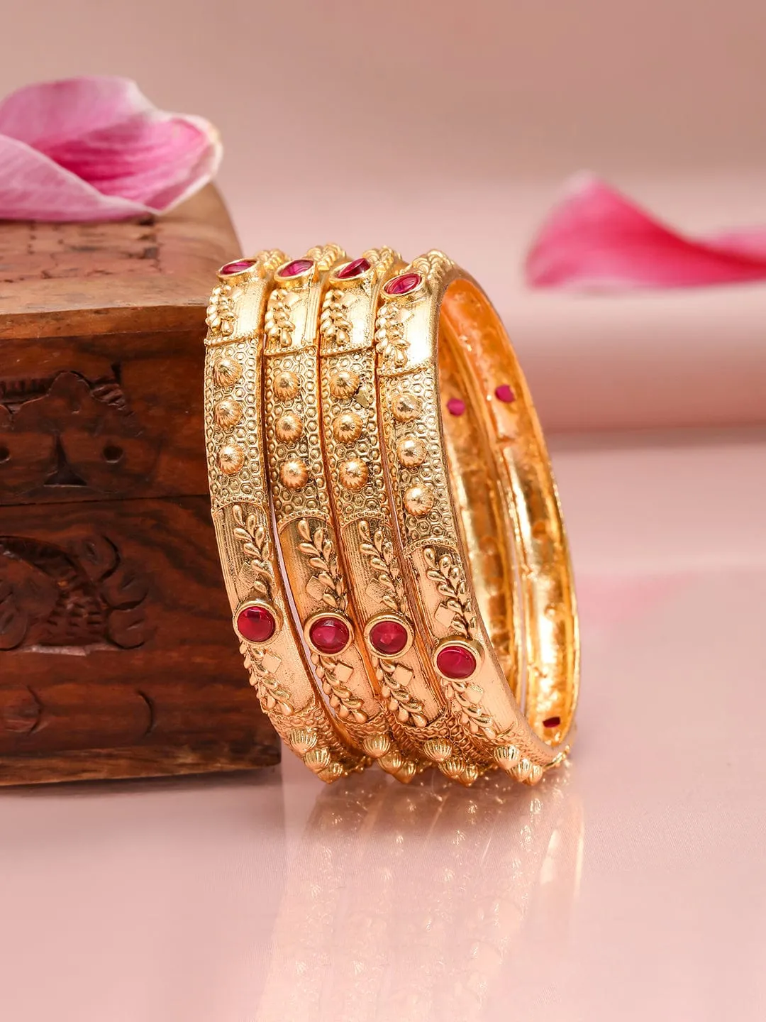 Rubans Set of 4 18K Gold-Plated Ruby Stone Studded Traditional Bangles