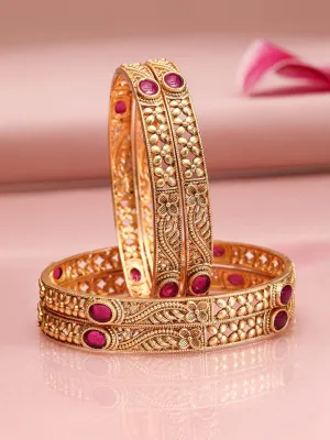 Rubans Set of 4 22K Gold-Plated Ruby Pink Stone Studded Traditional Motif Bangles