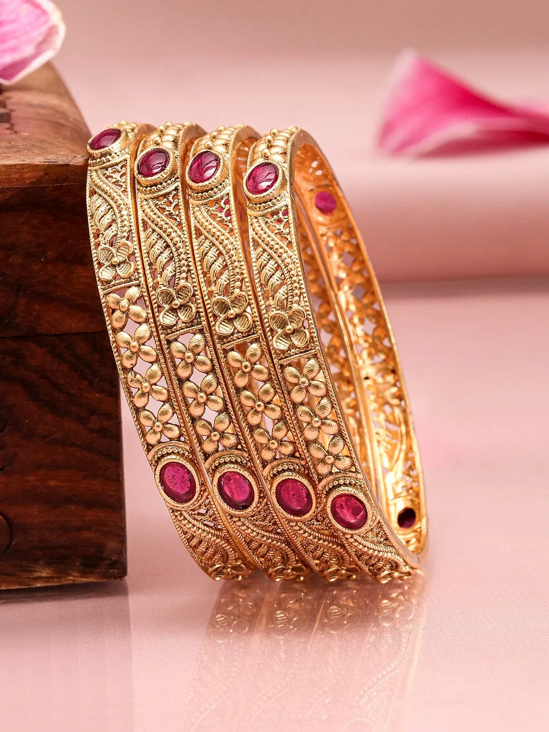 Rubans Set of 4 22K Gold-Plated Ruby Pink Stone Studded Traditional Motif Bangles