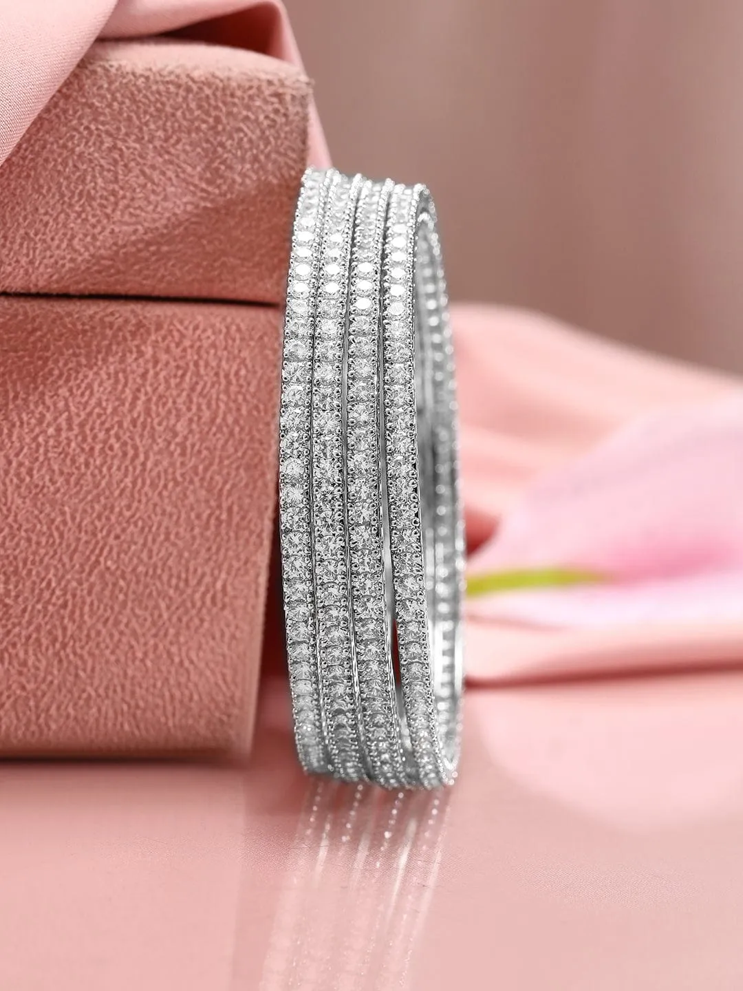 Rubans Set of 4 Rhodium-Plated Cubic Zirconia Studded Bangles