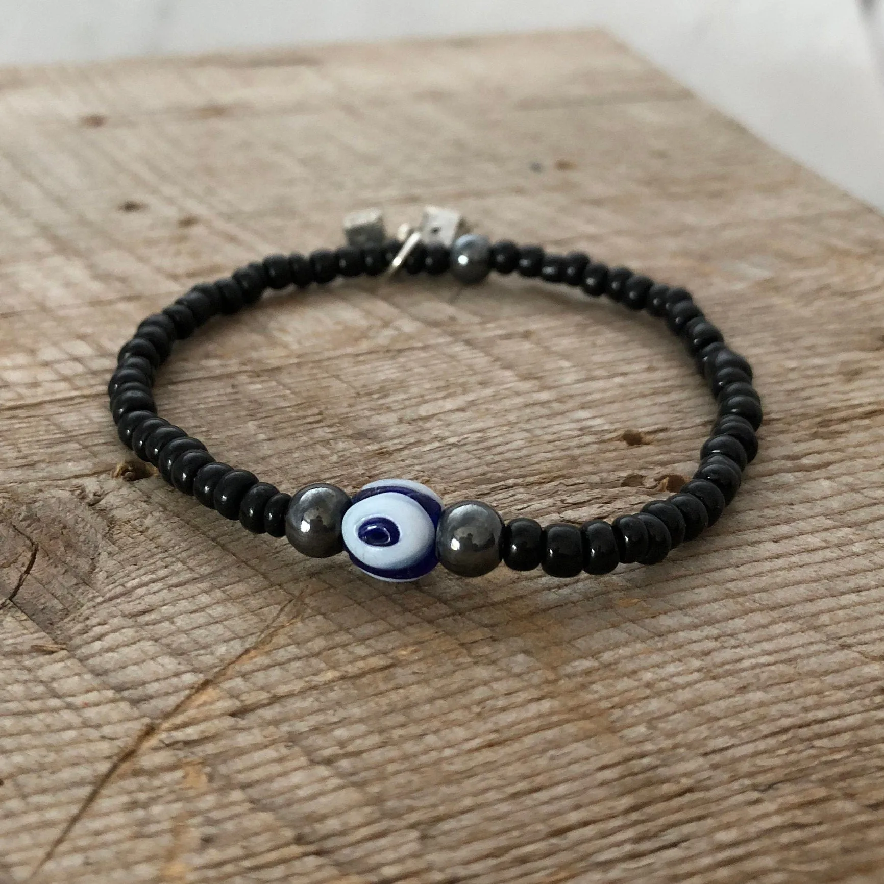 SariBlue® Little Luck Hematite & Glass Bead Bracelet Stack Lucky Evil Eye Bracelets Dice Charm