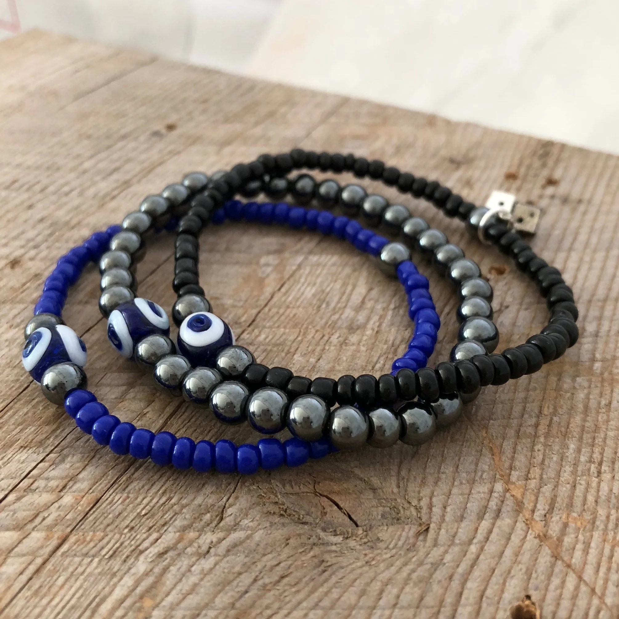 SariBlue® Little Luck Hematite & Glass Bead Bracelet Stack Lucky Evil Eye Bracelets Dice Charm