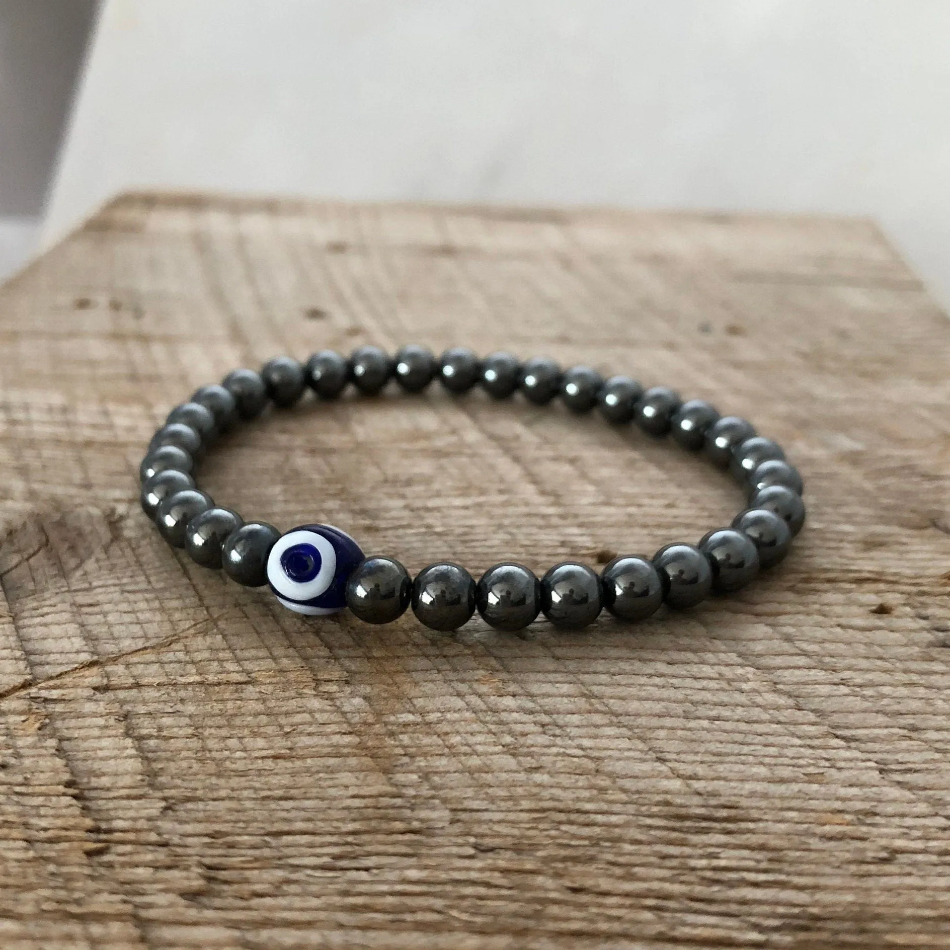 SariBlue® Little Luck Hematite & Glass Bead Bracelet Stack Lucky Evil Eye Bracelets Dice Charm