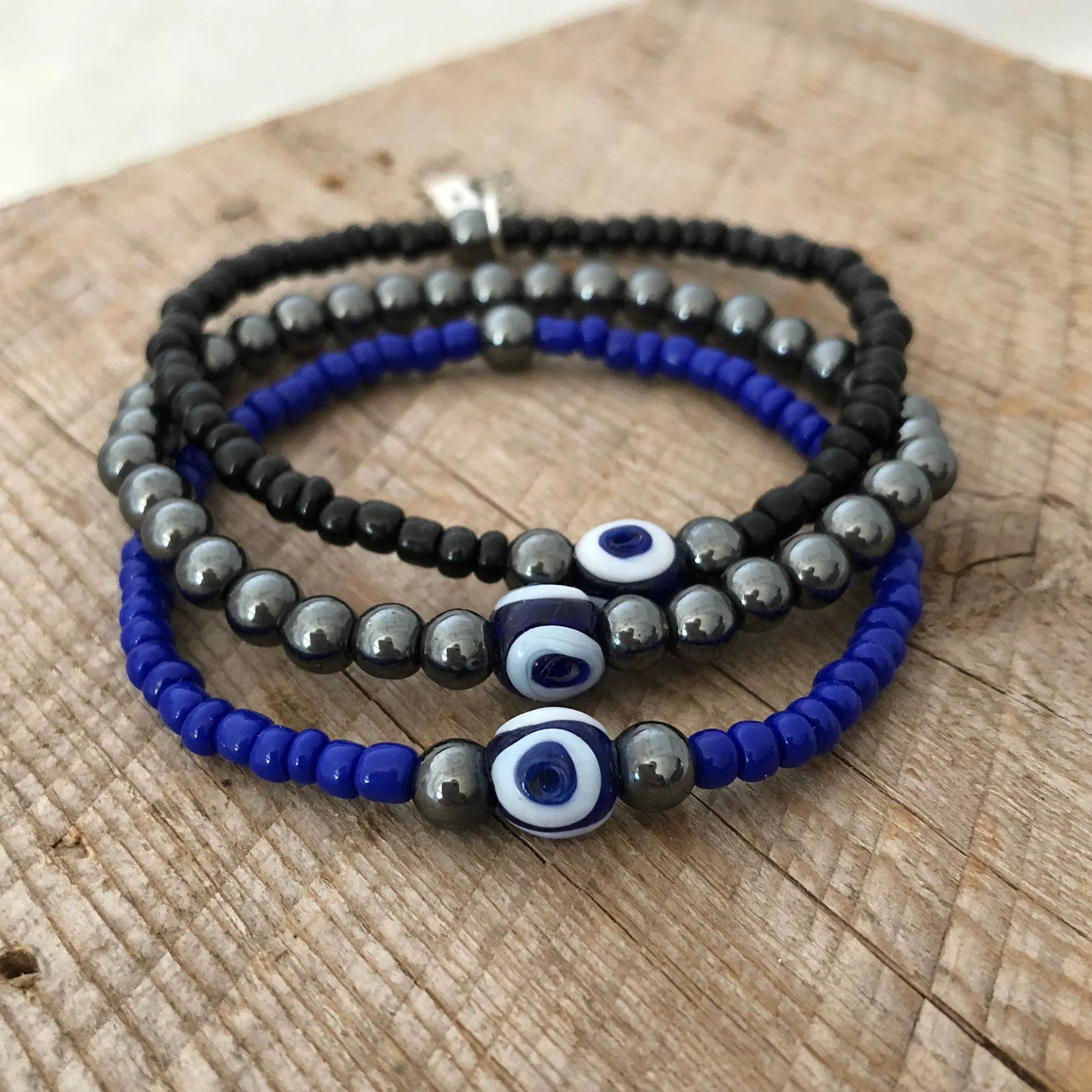 SariBlue® Little Luck Hematite & Glass Bead Bracelet Stack Lucky Evil Eye Bracelets Dice Charm