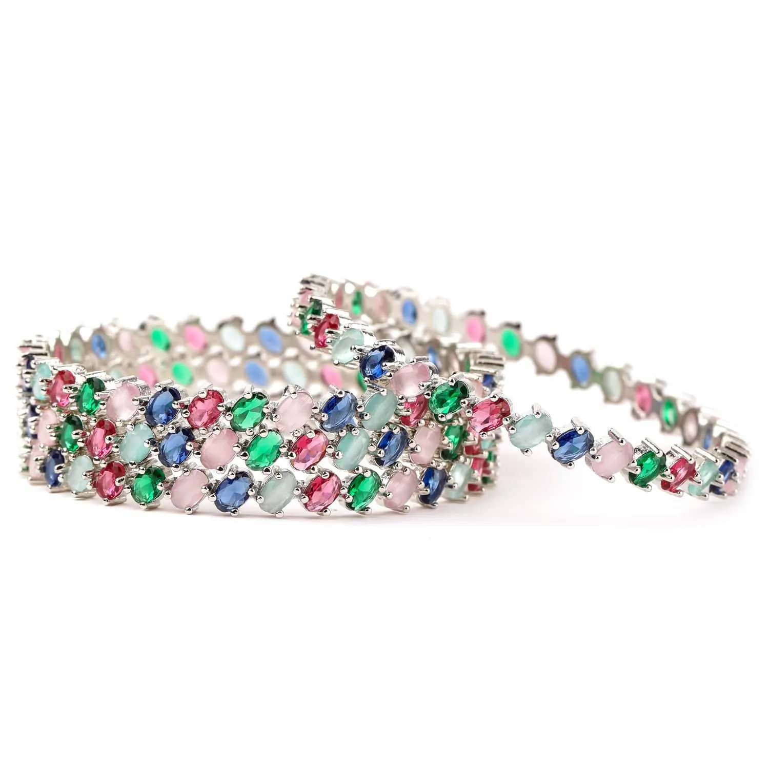 Set of 4 Rhodium-Plated Multicolor Gemstone Studded Traditional Bangles