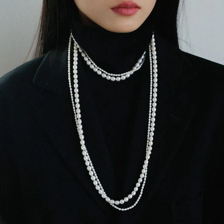 Two-layer Large and Small Pearl Long Necklaces