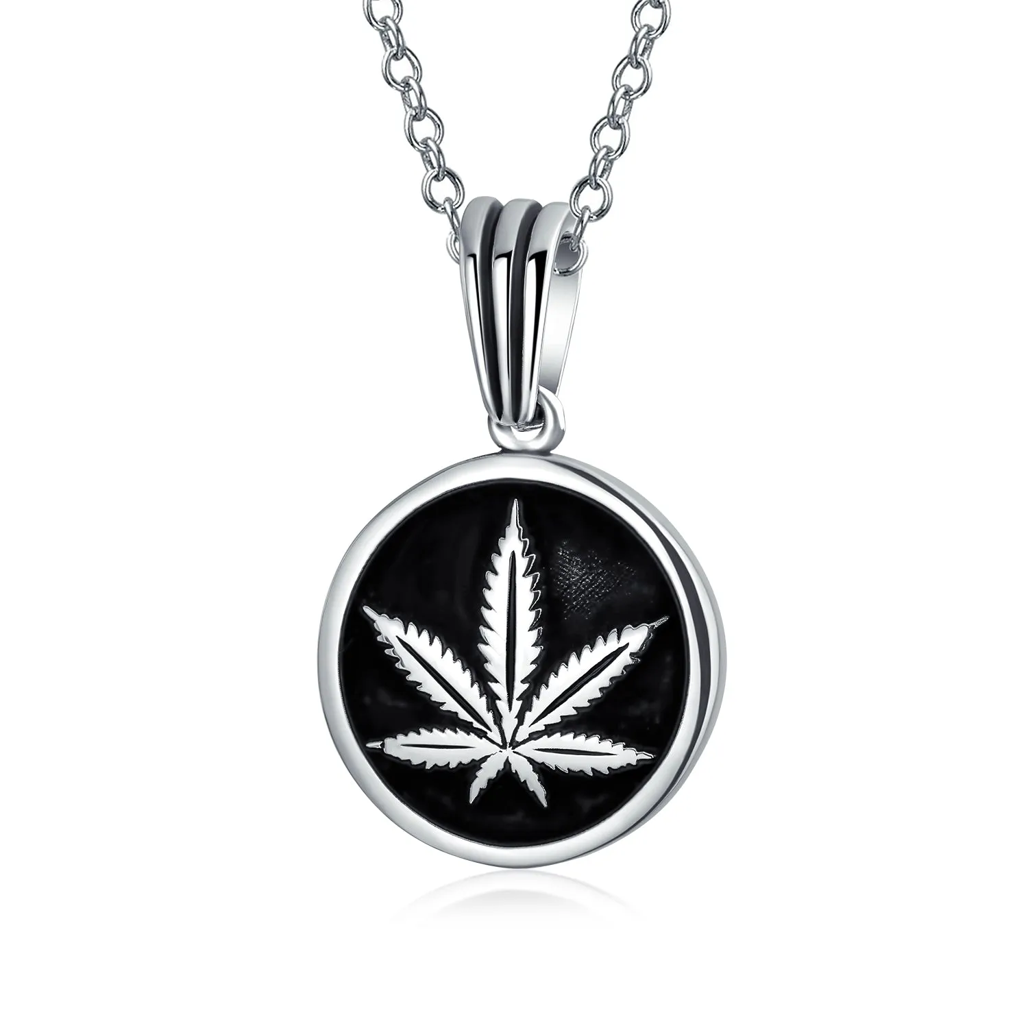 Unisex Retro Hemp Cannabis Leaf Pendant Necklace in Oxidized Sterling Silver