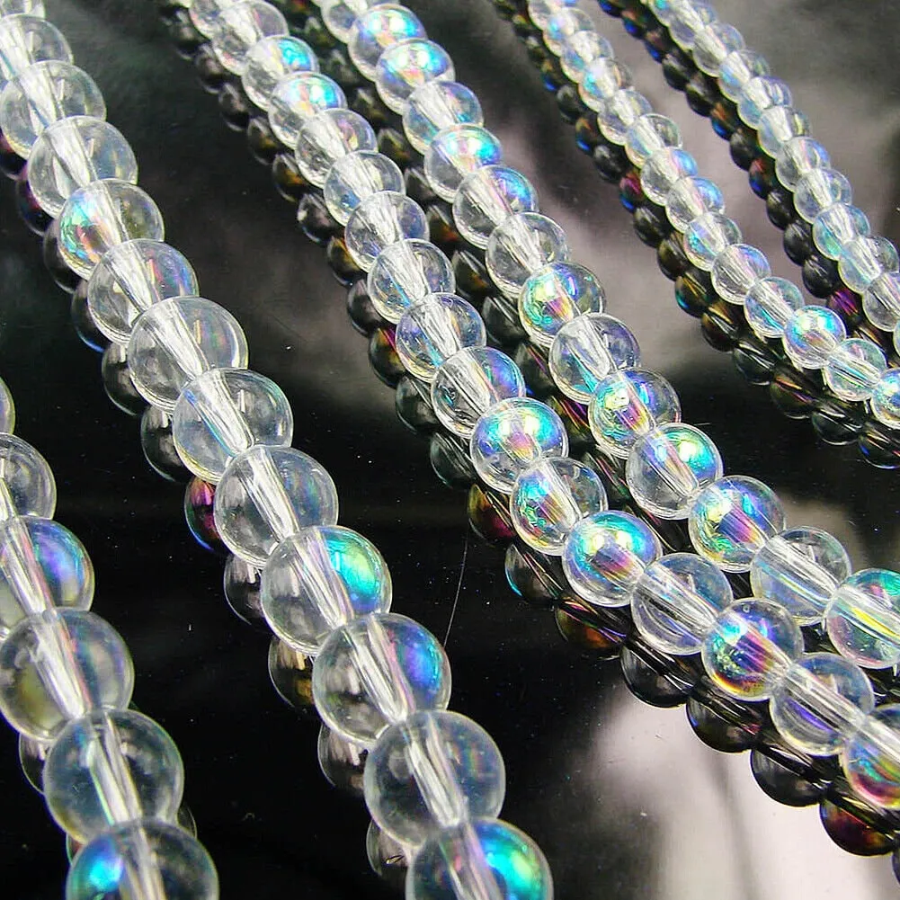 US 4~10mm Clear Rainbow Iridescent Mermaid Smooth Round Glass Bubble Bead Strand