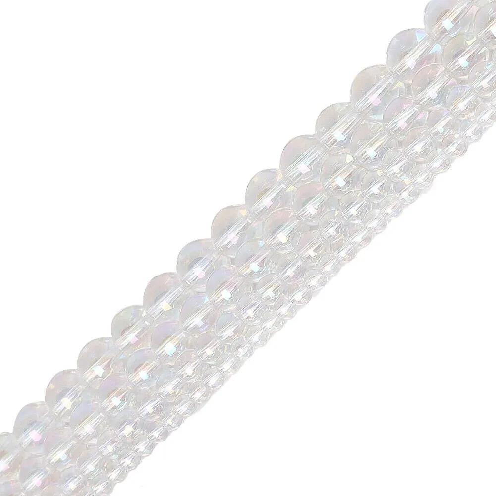 US 4~10mm Clear Rainbow Iridescent Mermaid Smooth Round Glass Bubble Bead Strand