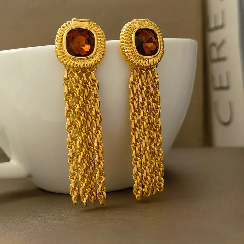 VAIGE Timeless Vintage Charm: Brass Tassel Drop Earrings in Elegant Gold