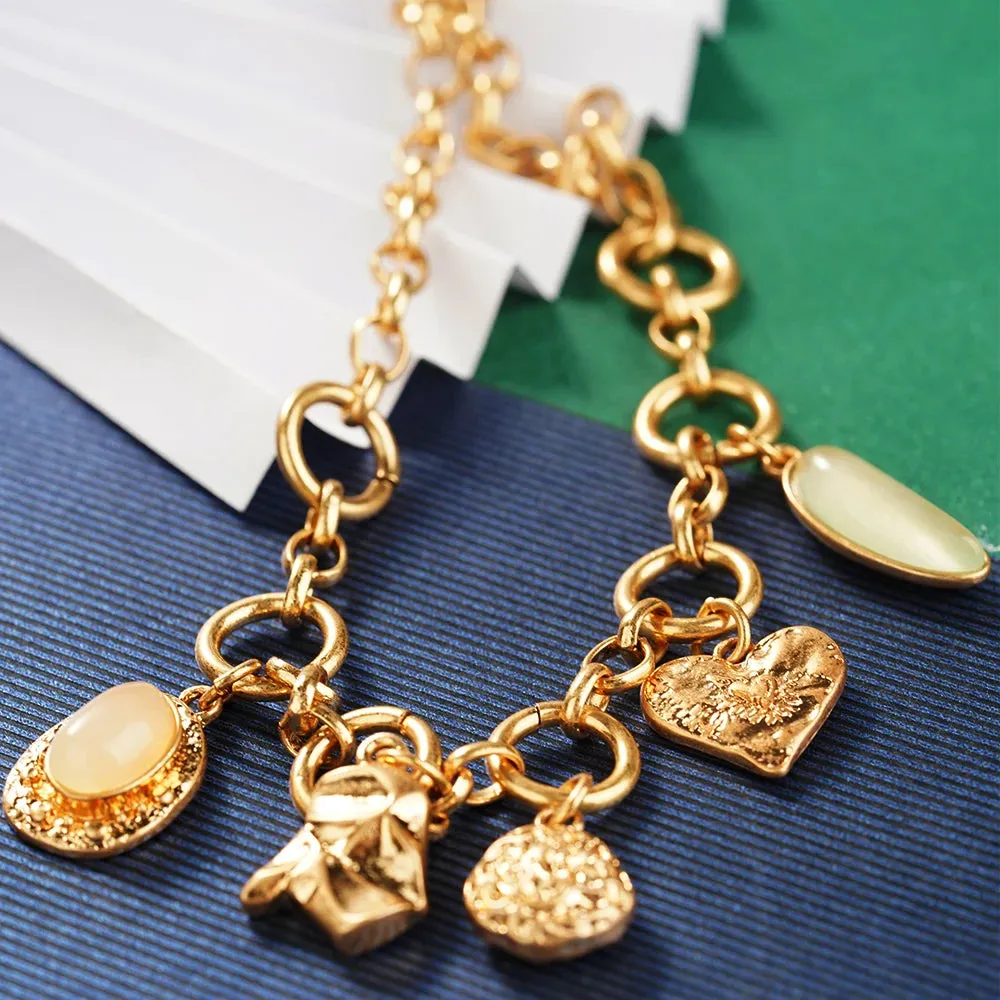 Vintage Heart Charm Necklace - 18K Gold Plated Stainless Steel with Light Green Pendant