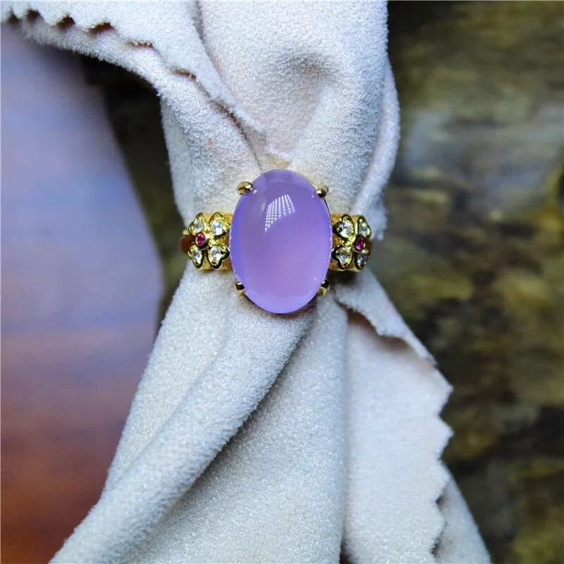 White and Purple Chalcedony Silver Plated Resizable Ring