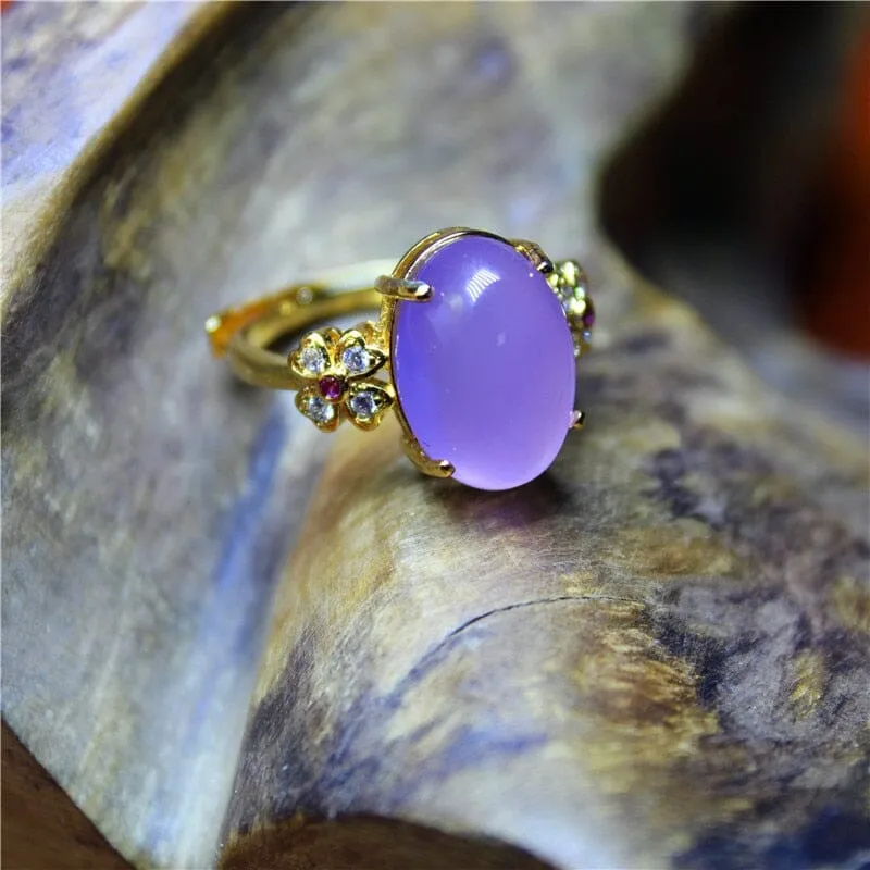 White and Purple Chalcedony Silver Plated Resizable Ring