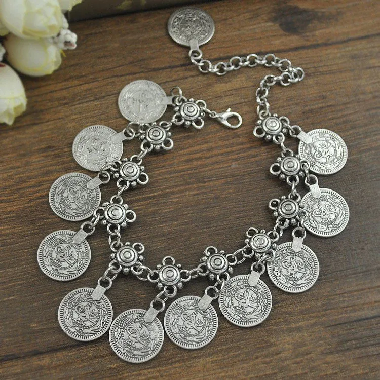 Womens Barefoot Foot Jewelry Ankle Bracelet Antique Silver Plated Coin Charming Anklet Jewelry Fashion Accessory