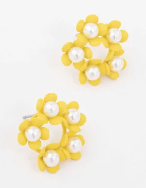 Yellow Flower & Pearl Circular Stud Earrings